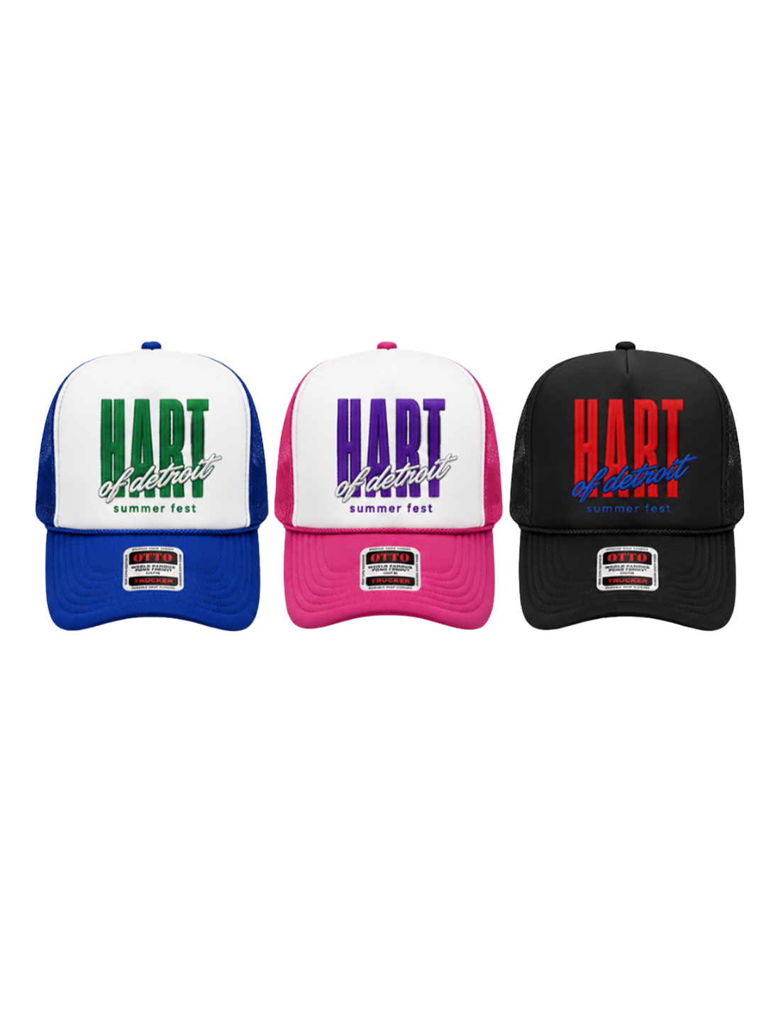 Hart of Detroit trucker hats · blue, pink, black